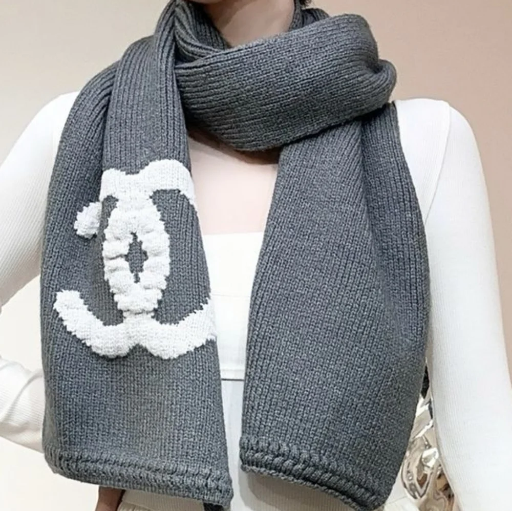 CHANEL Black Scarf with Gray CC Logo